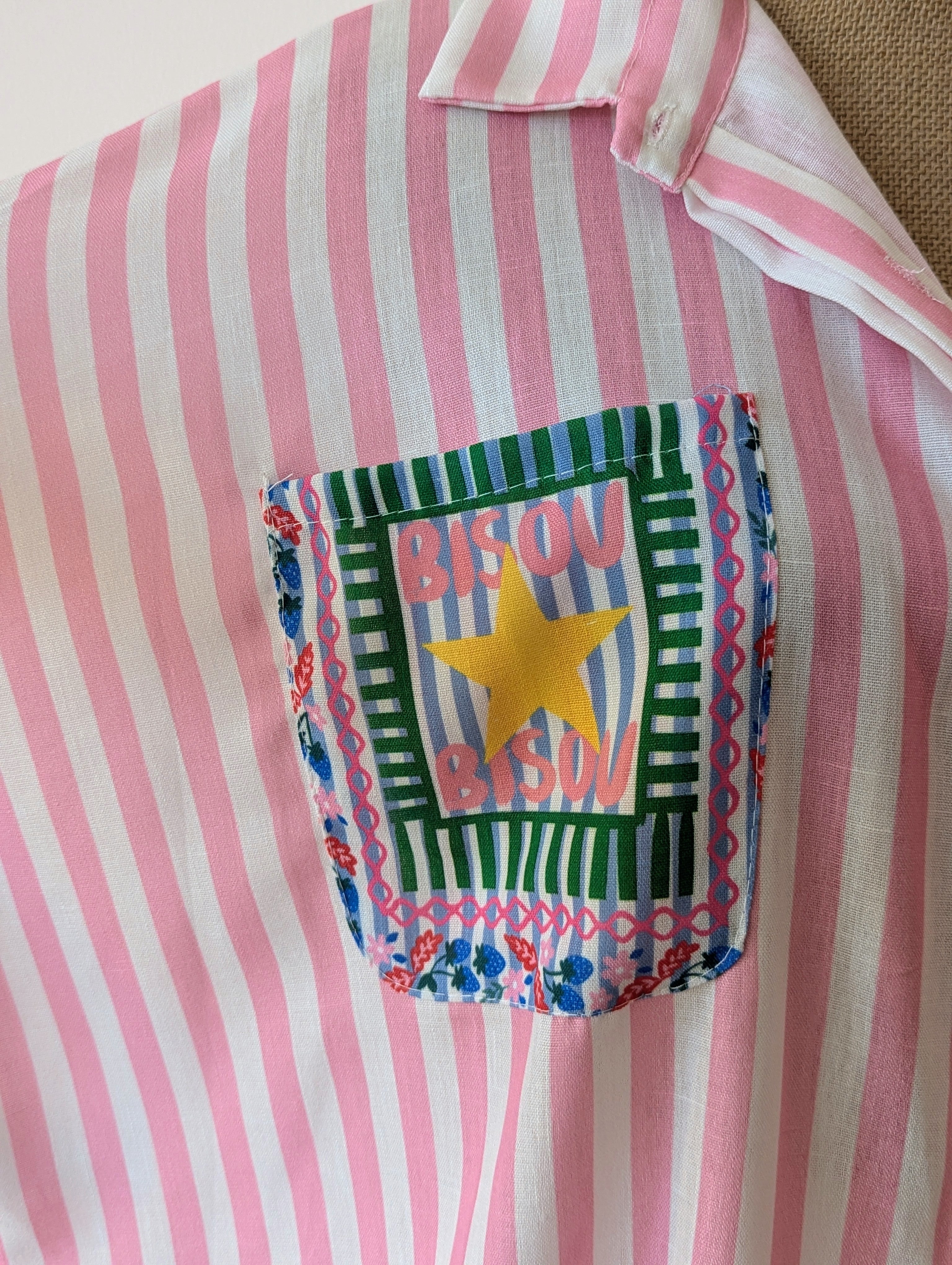 Chemise rayure blanc et rose motif soleil étoile bisous viscose léger ensmeble 