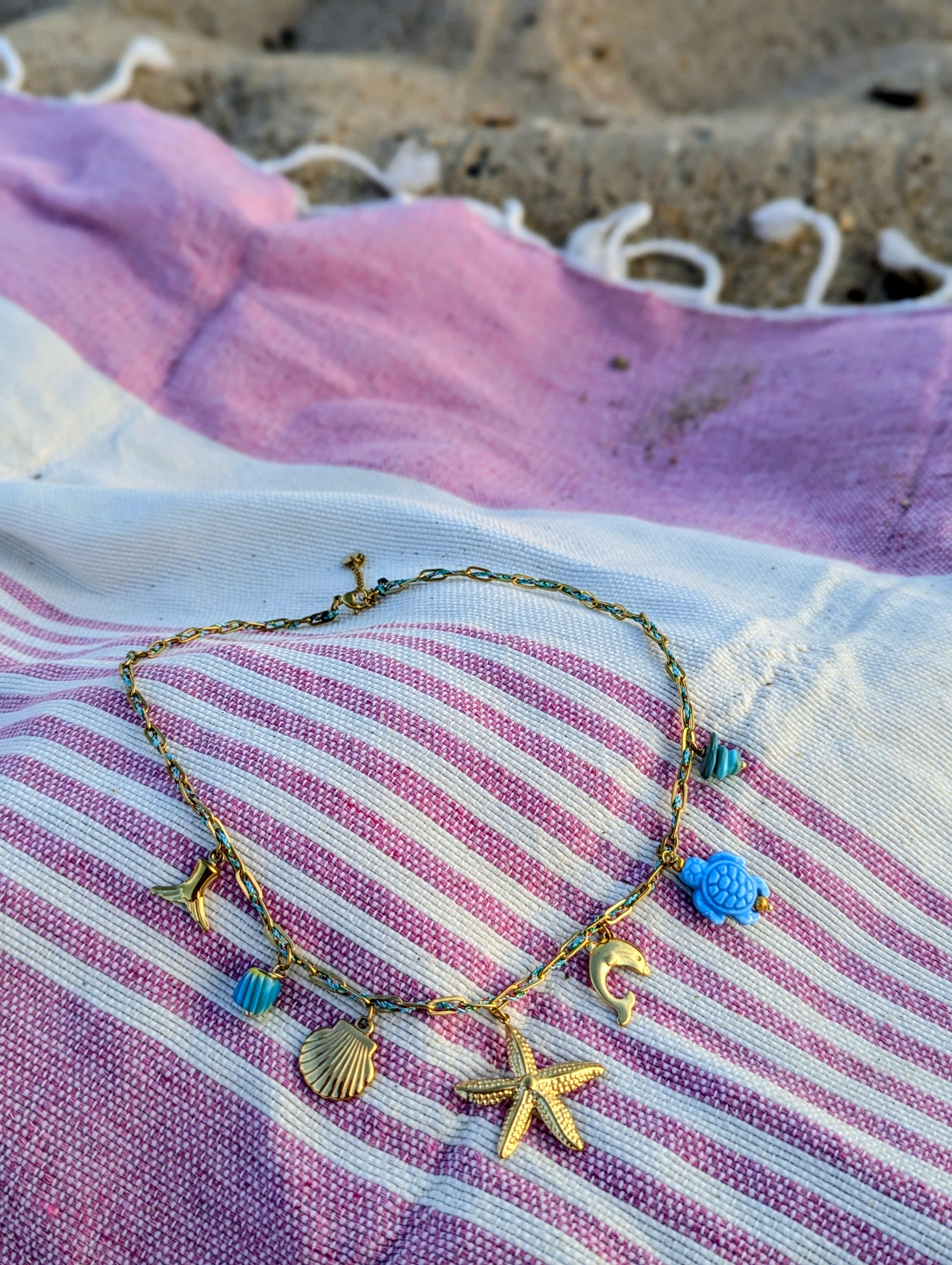 Collier breloques Etoile de Mer coquillages tortue bleu turquoise ocean collier femme mode ondres