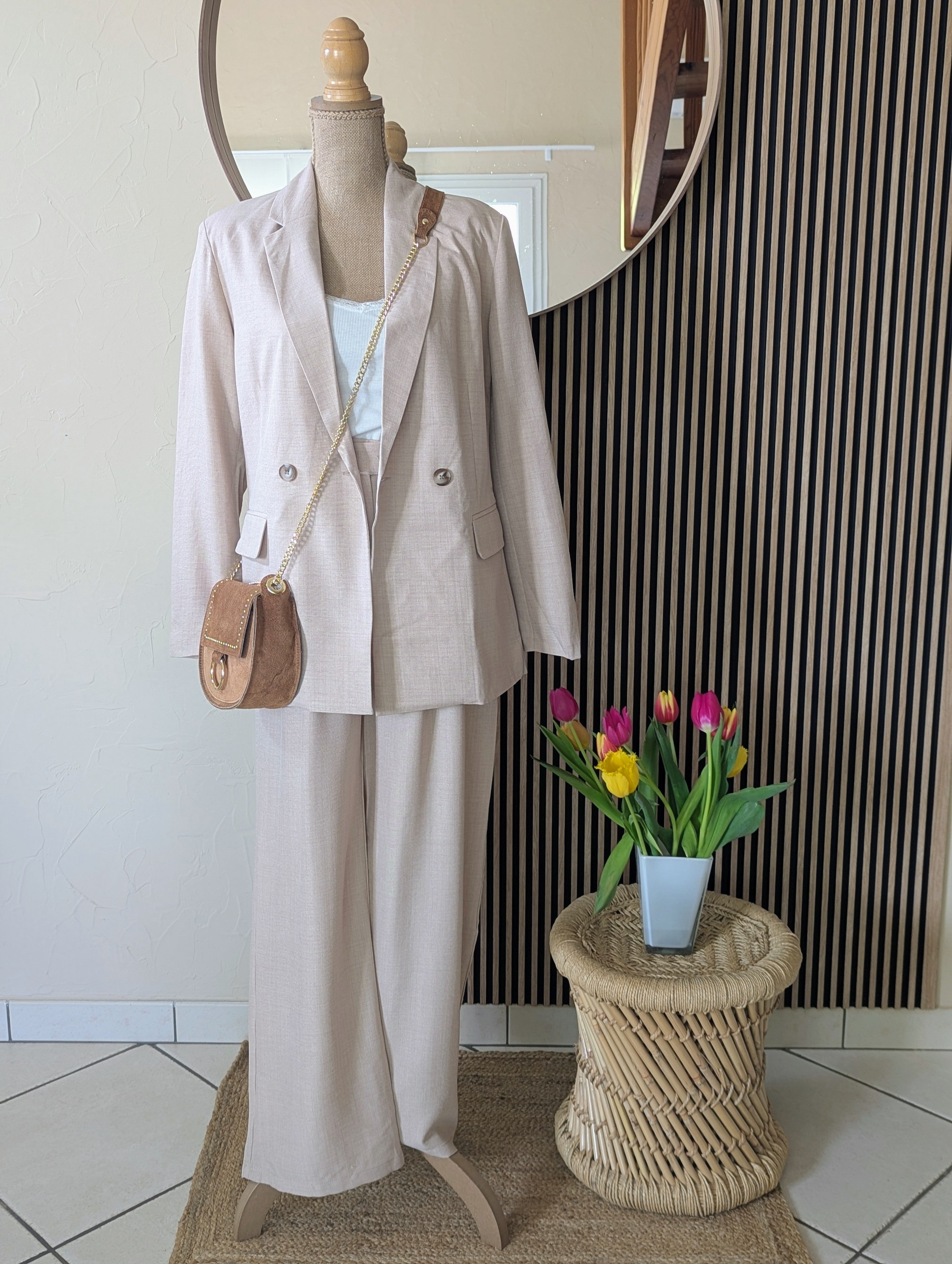 Ensemble Blazer Pantalon Beige Tenue Cérémonies  Mode Femme Ondres Labenne