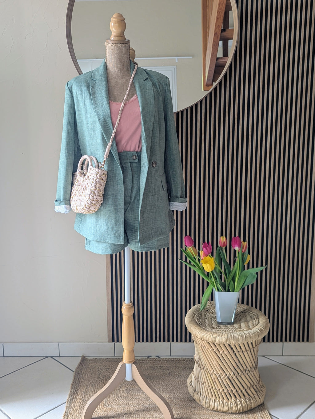 Ensemble Kaki Blazer Longue et Cintré Short Taille Haute Cérémonies  Mode Femme Ondres Labenne