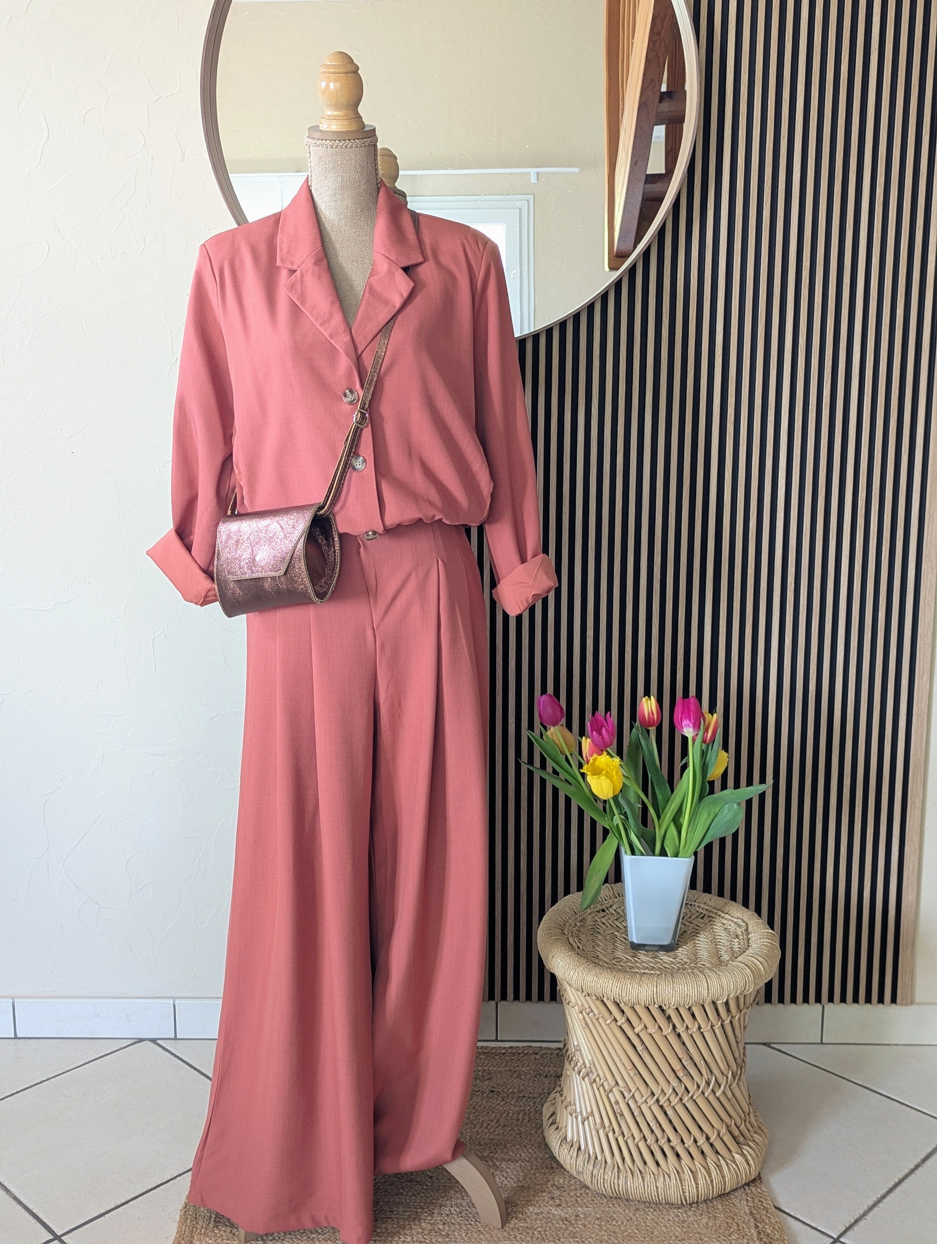 Ensemble Bombers Pantalon Terracotta Tenue Ceremonie Pantalon Coupe large avec pinces Bombers Chemise Mode Femme Boutique Sud Landes
