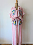 Ensemble chemise et pantalon à rayures roses et blanches, confortable et léger en viscose
