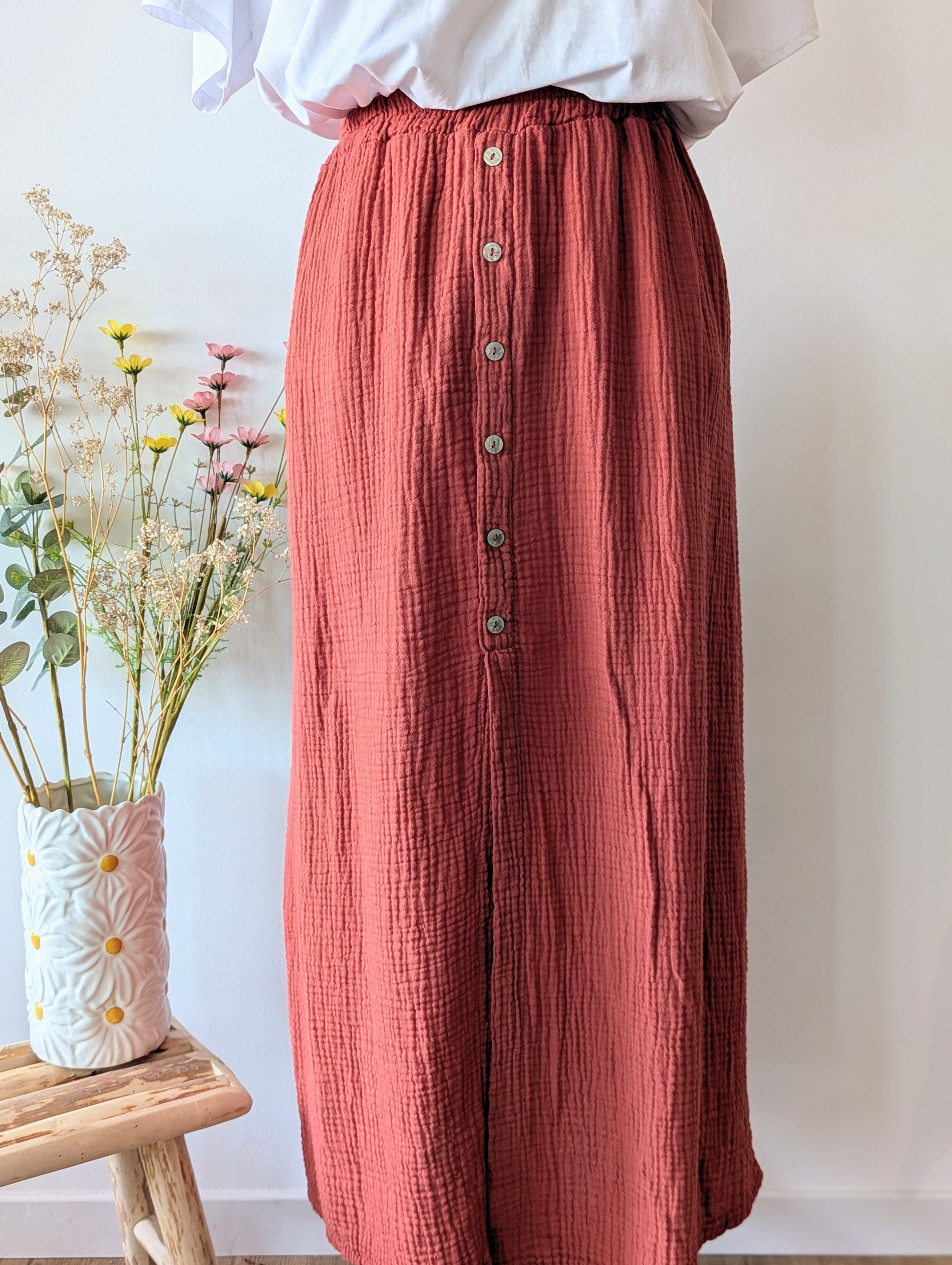 Jupe Longue Gaze de Coton Terracotta pour femme pulpeuse Curvy grande taille mode boutique sud landes Ondres Hossegor Bayonne
