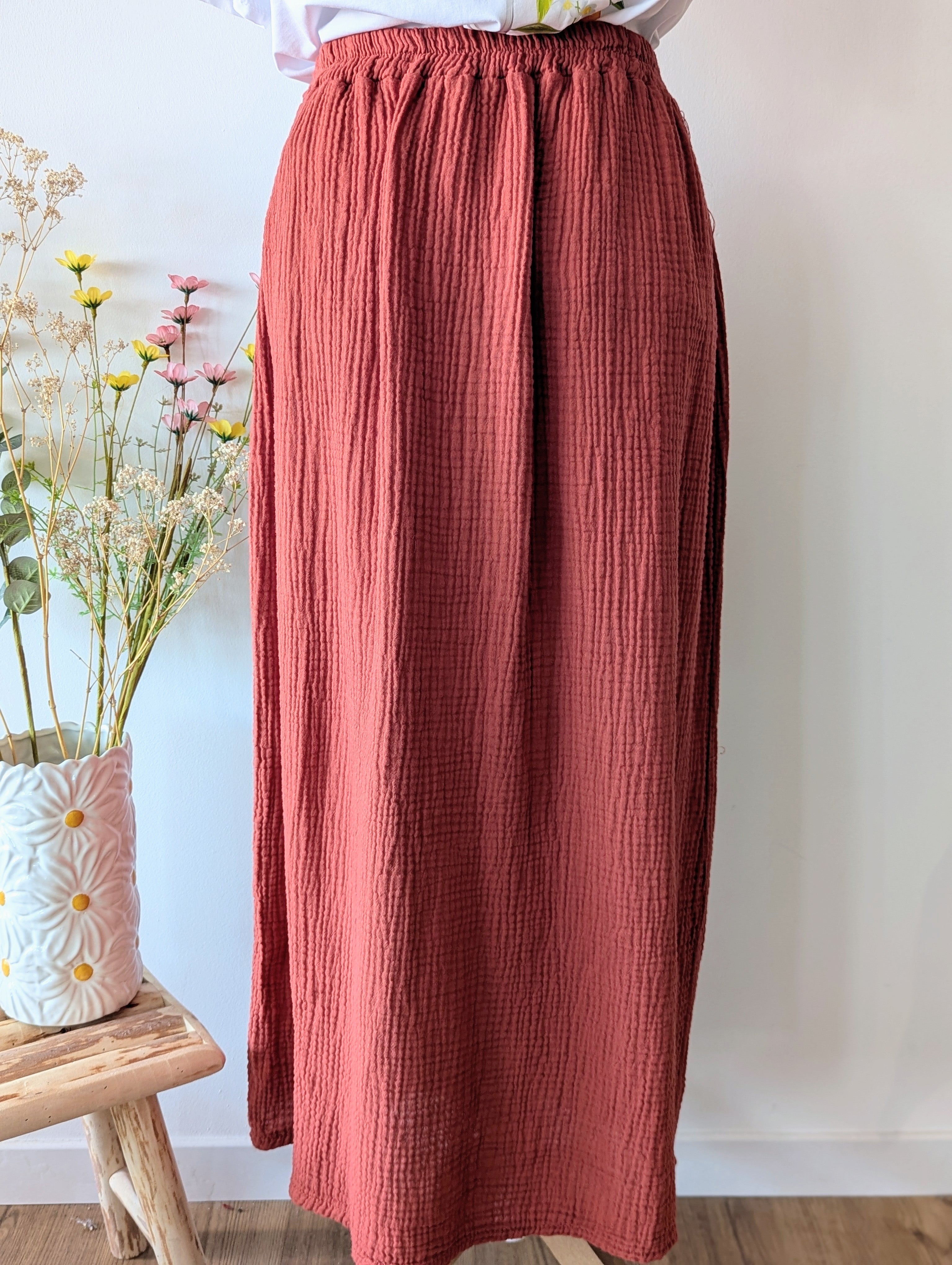 Jupe Longue Gaze de Coton Terracotta pour femme pulpeuse Curvy grande taille mode boutique sud landes Ondres Hossegor 