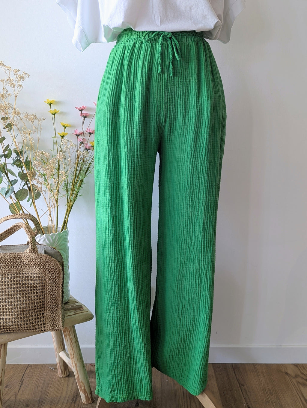 Pantalon Gaze de Coton Vert Grande Taille Pulpeuse Curvy Taille élastique Femme mode Ondres Sud landes