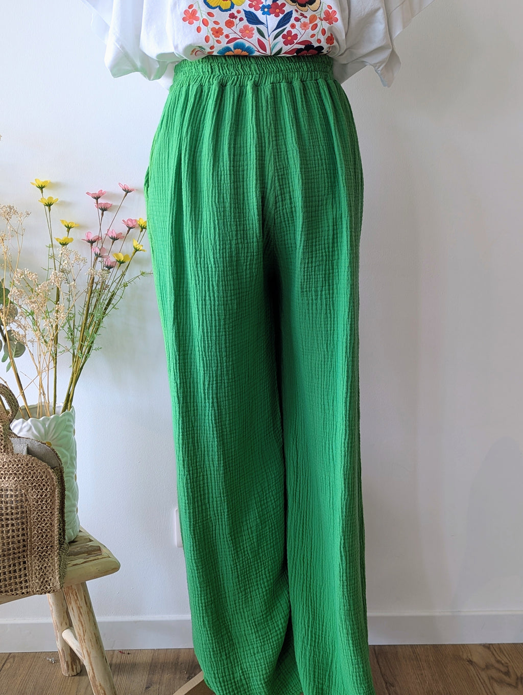 Pantalon Gaze de Coton Vert Grande Taille Pulpeuse Curvy Femme mode Ondres Sud landes