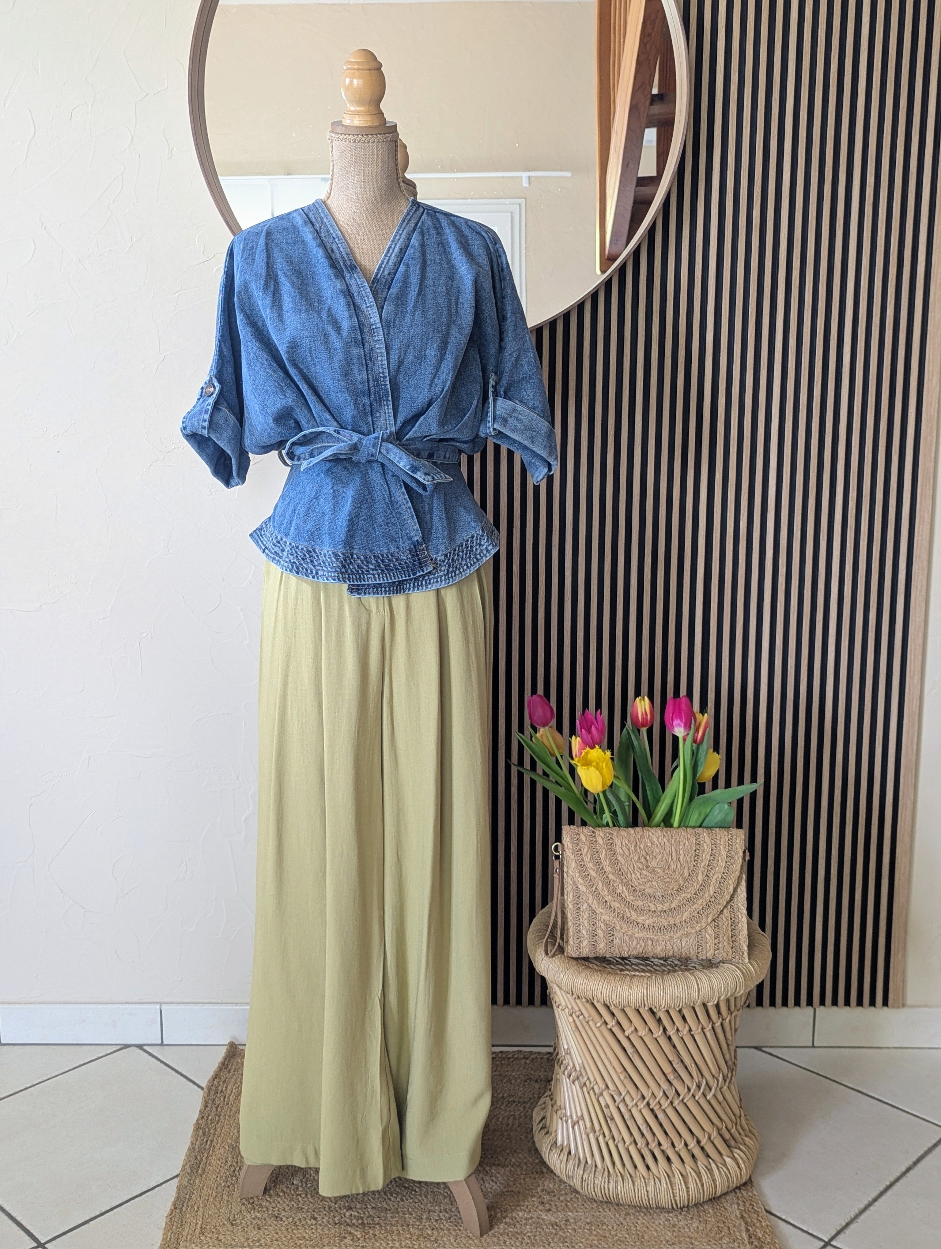 Pantalon fluide Vert Olive avec poche taille élastique  Pantalon pour Cérémonies Mariage Baptème Pantalon Tailleur  Mode Femme Boutique Sud Landes Ondres Labenne