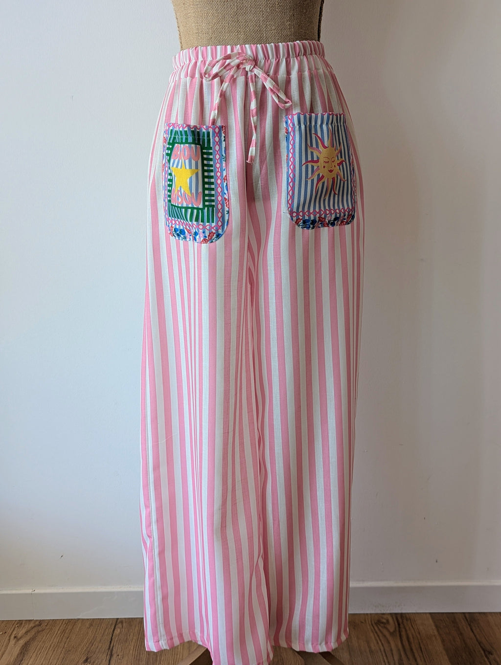 Pantalon raye rose et blanc motif soleil viscose pantalon fluide taille elastique