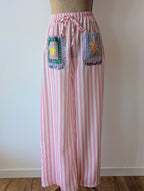 Pantalon raye rose et blanc motif soleil viscose pantalon fluide taille elastique