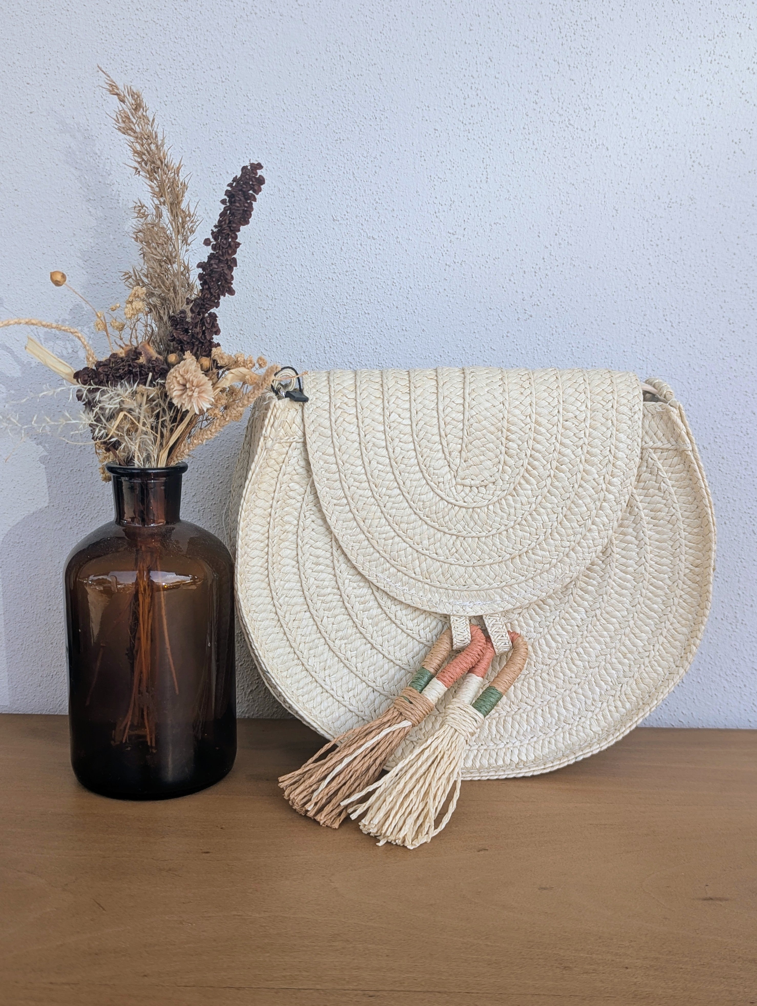 sac rond bohème maille papier, summer vibes été, pochette sac pour soirée cérémonies mode femme sud landes Ondres