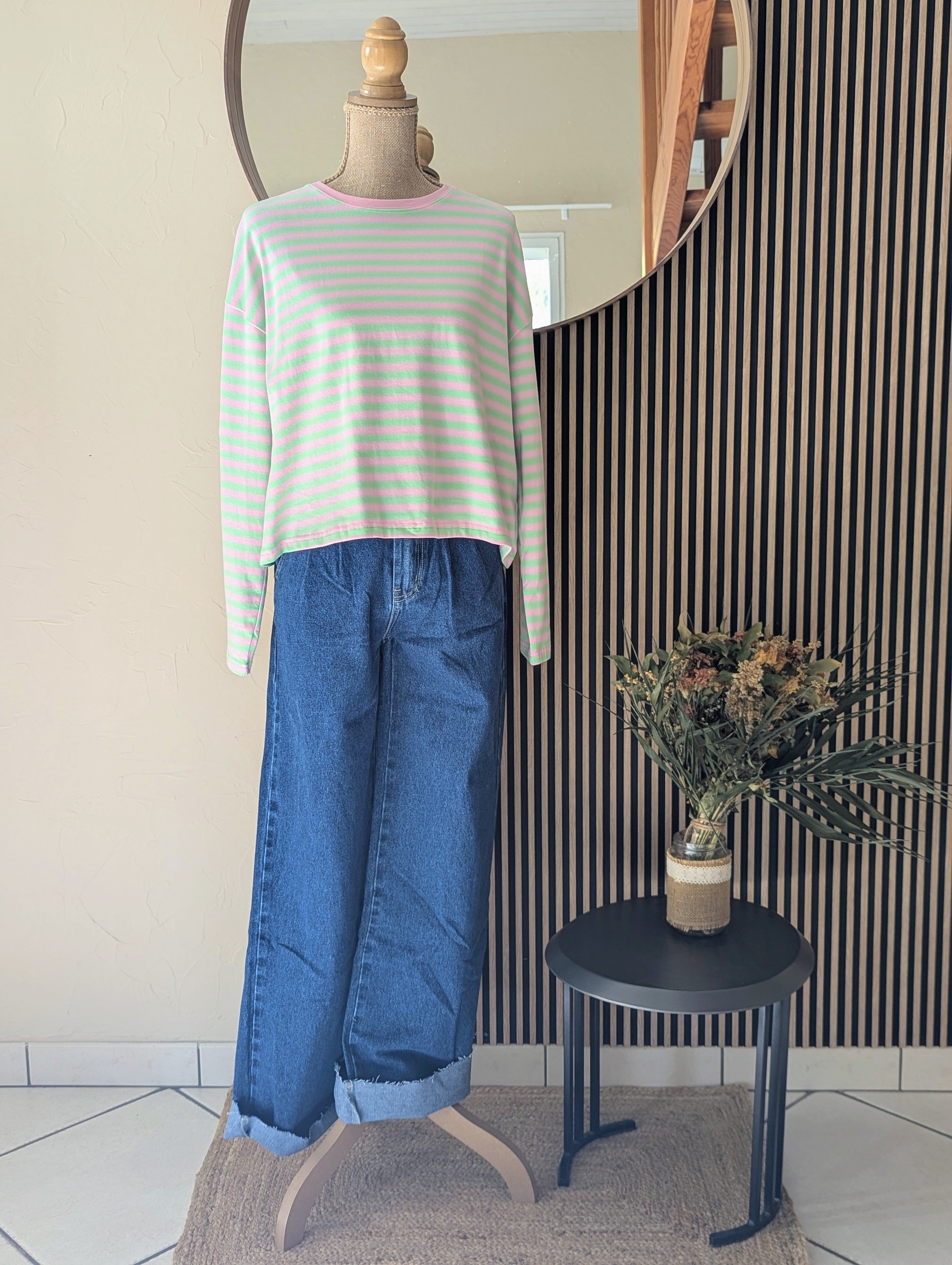 Top  mariniere pastel vert et rose. Manches longues. Top léger  femme mode sud landes