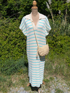 Robe Longue Crochet rayure beige Bleu Azur Décolleté en V avec Col Chemise Manches Courtes Mode femme Boutique Ondres  Sud Landes Labenne