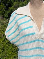 Robe Longue Maille rayure beige Bleu Azur Décolleté en V avec Col Chemise Manches Courtes Mode femme Boutique Ondres  Sud Landes Labenne