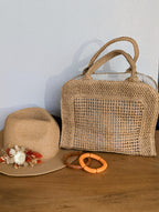 sac à main maille papier camel pour la plage, summer vibes été, sac pour soirée cérémonies mode femme sud landes Ondres