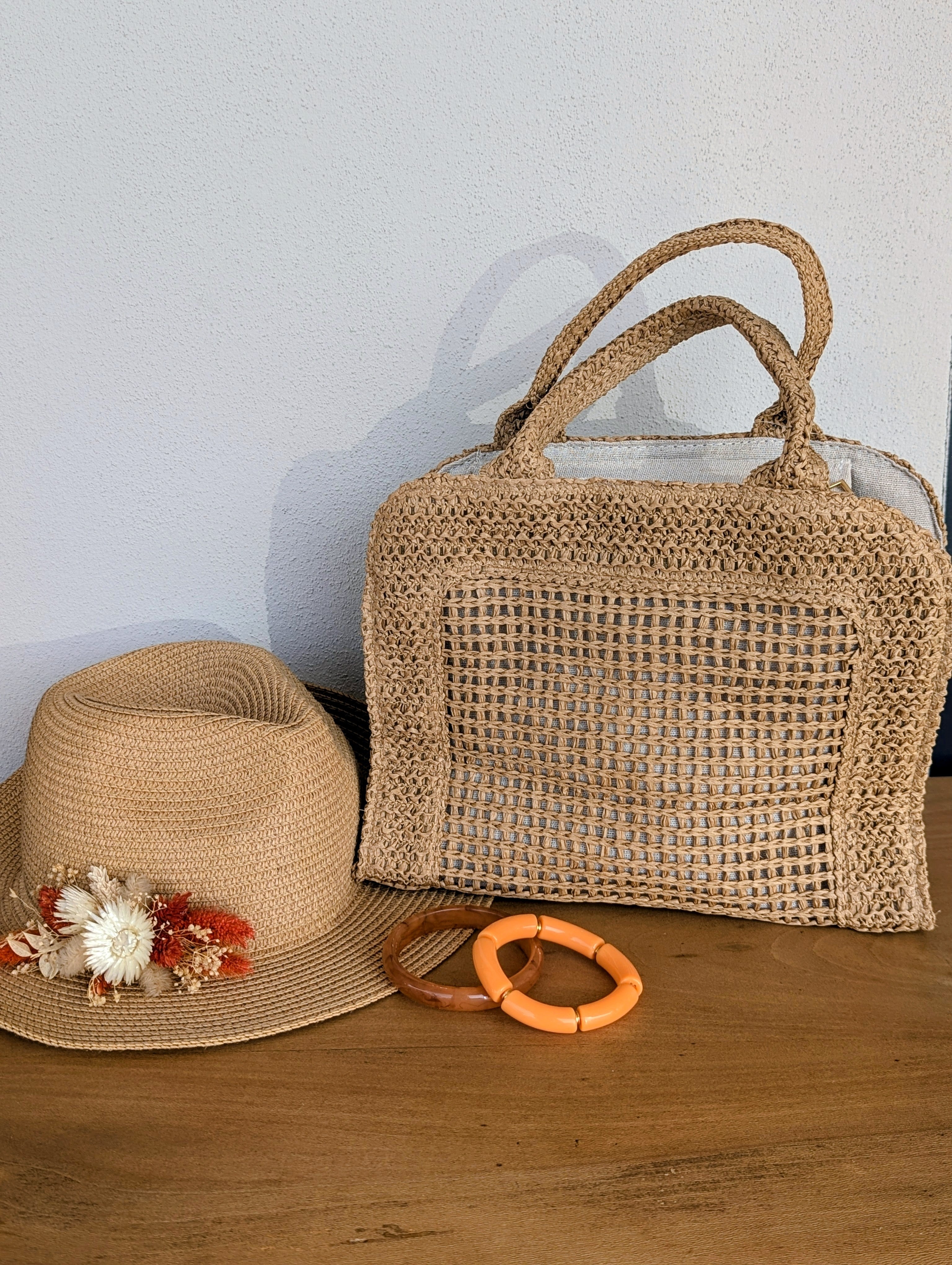 sac à main maille papier camel pour la plage, summer vibes été, sac pour soirée cérémonies mode femme sud landes Ondres